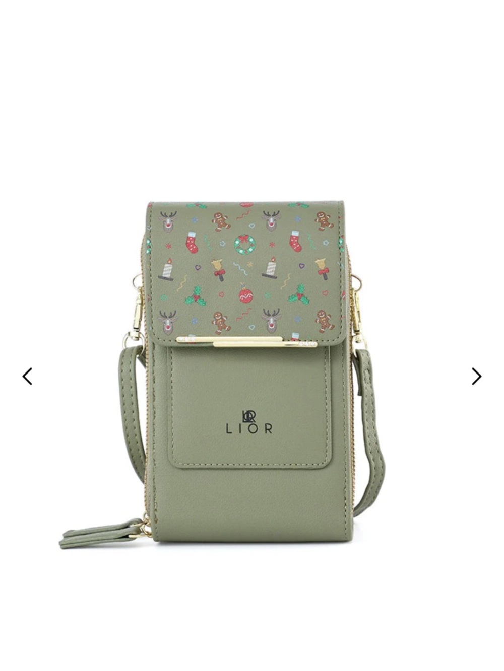 LIOR Olive Green Crossbody Phone Bag with Festive Print | New